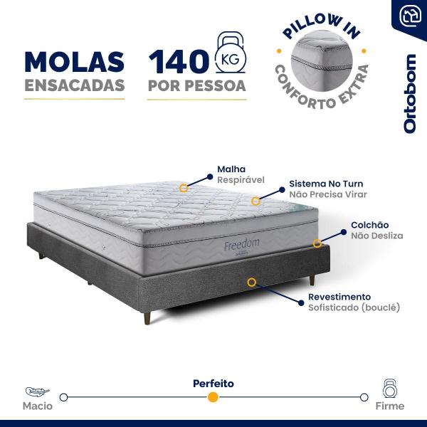 Imagem de Cama Genebra Bouclé com Colchão de Molas Ensacadas D33 Pillow In Ortobom Freedom Queen 158cm