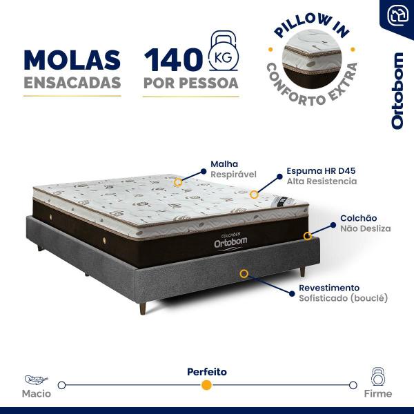 Imagem de Cama Genebra Bouclé com Colchão de Molas Ensacadas Ortobom Sleep King Casal 138cm