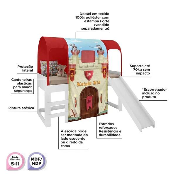 Imagem de Cama Infantil Alta Joy com Escorregador e Dossel Castelo Forte - Vermelho/Branco