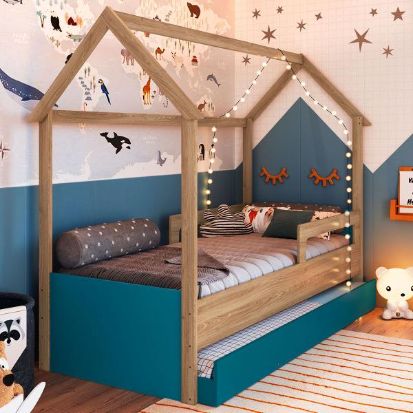 Imagem de Cama Infantil Bicama Aveiro Oak/Azul Secreto - Completa Móveis