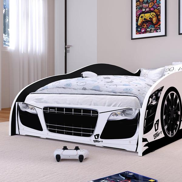 Imagem de Cama Infantil Carro Drift Mini Cama MDF Montessoriana Segura Decoração Quarto Menino - Branco/Preto - RPM Móveis