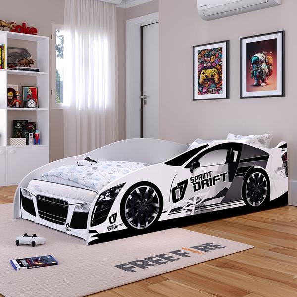 Imagem de Cama Infantil Carro Drift Mini Cama MDF Montessoriana Segura Decoração Quarto Menino - Branco - RPM Móveis