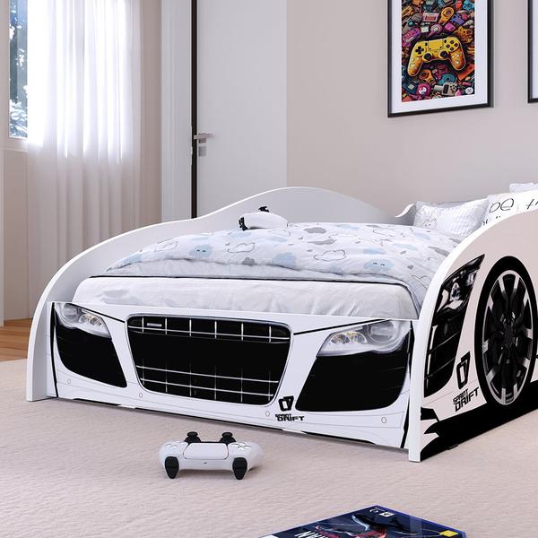 Imagem de Cama Infantil Carro Drift Mini Cama MDF Montessoriana Segura Decoração Quarto Menino - Branco - RPM Móveis