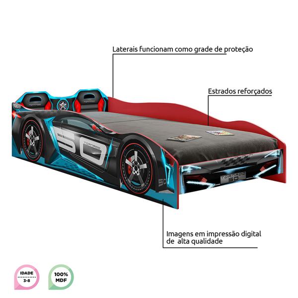 Imagem de Cama Infantil Carro Tornado Plus com Led Preto Azul Pura Magia