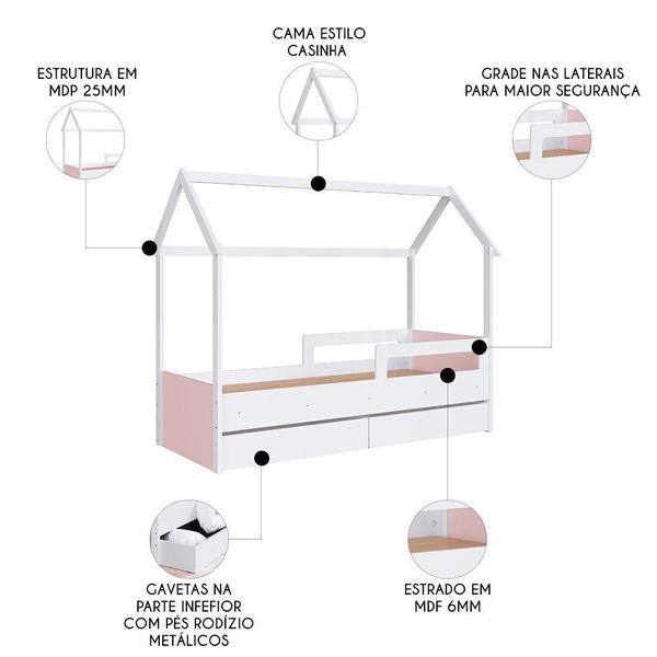 Imagem de Cama Infantil Casinha Com 2 Gavetas Infix C06 Branco/rosa - Mpozenato