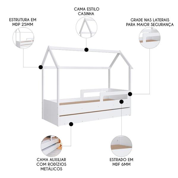 Imagem de Cama Infantil Casinha Com Auxiliar Infix C06 Branco - Mpozenato