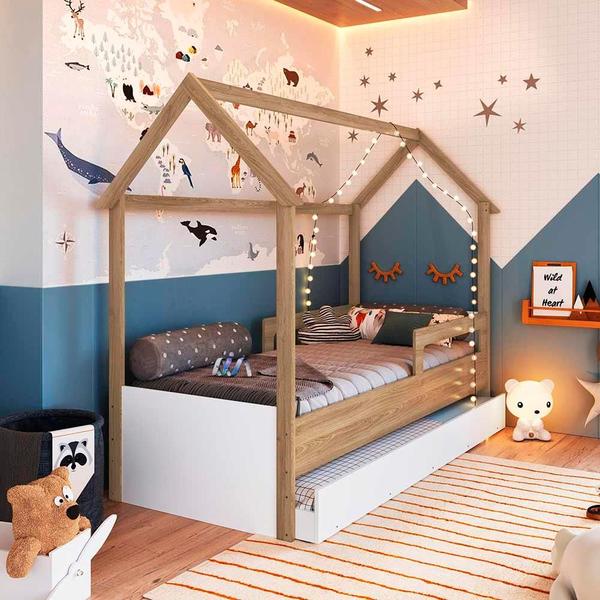 Imagem de Cama Infantil Casinha Solteiro Com Auxiliar Aveiro Oak Branco Sonho Completa Móveis