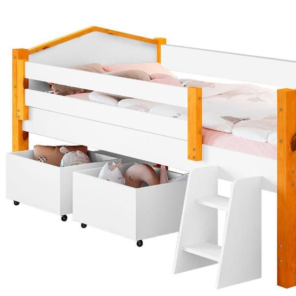 Imagem de Cama Infantil Com Baú Solteiro Casinha Branco Mel Elza Divaloto