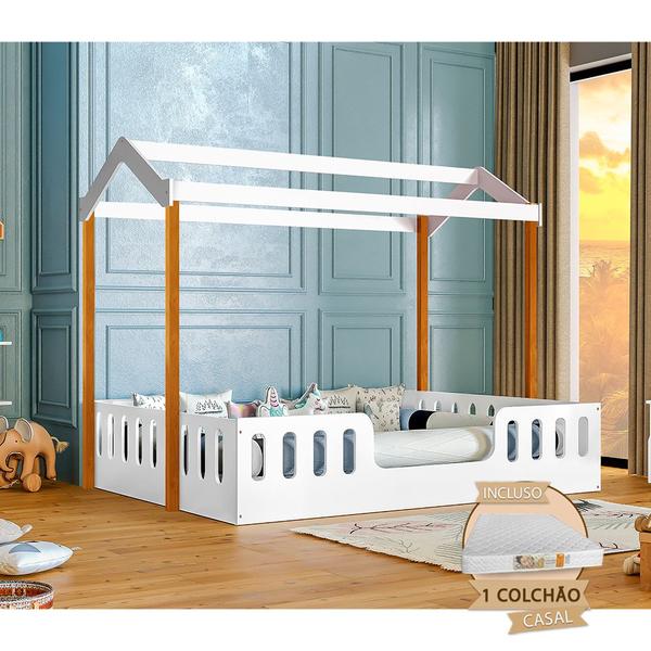 Imagem de Cama Infantil com Colchão Casal Casinha Segura Montessoriana Ágatha - Branco/mel