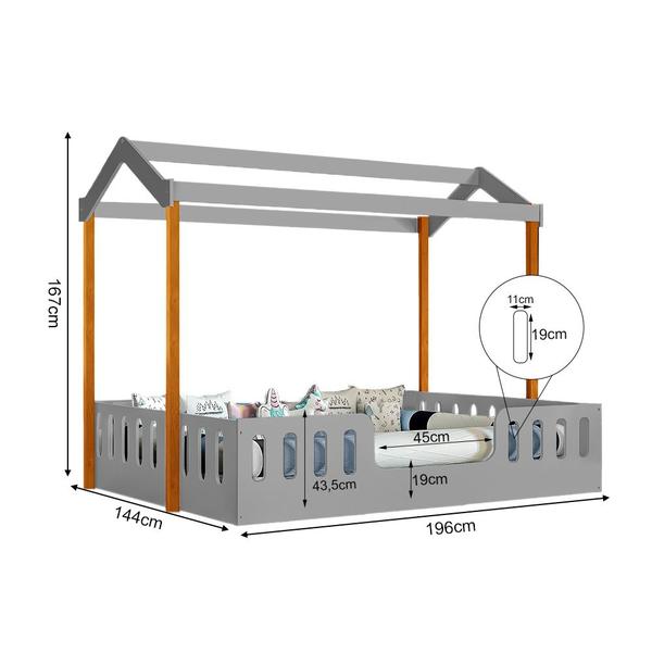 Imagem de Cama Infantil com Colchão D28 Casal Casinha Segura Montessoriana Ágatha Cinza e Mel