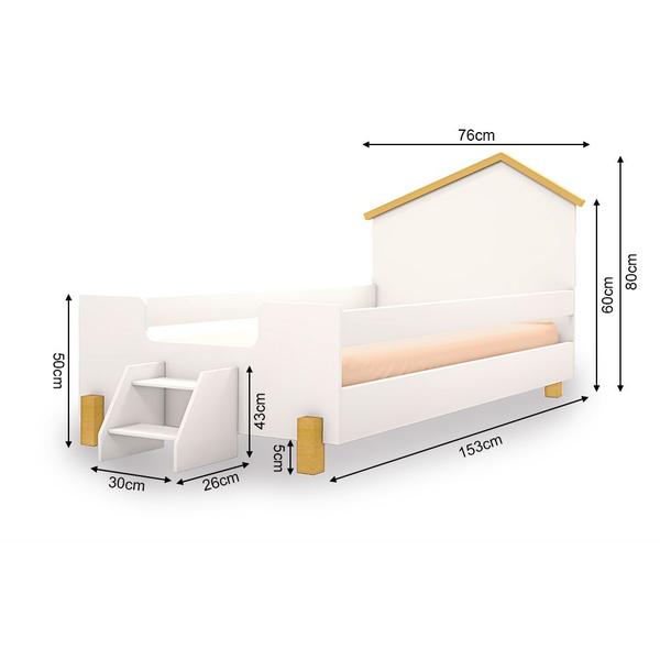 Imagem de Cama Infantil com Colchão e Escadinha Juvenil Ayla Branca e Natural + Luminária Led