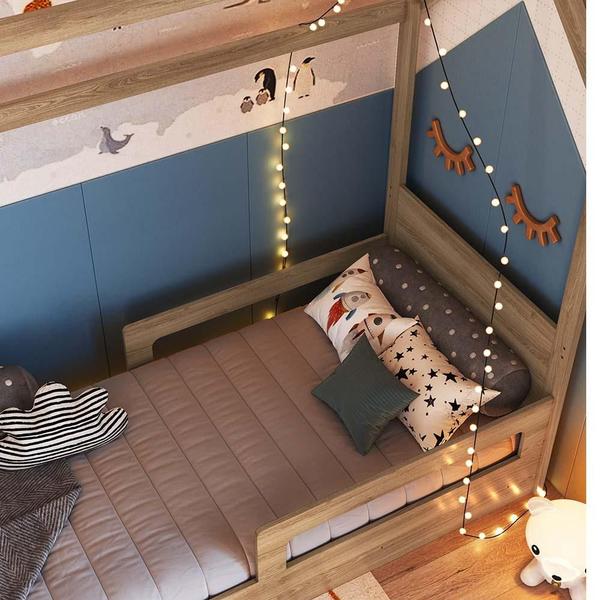 Imagem de Cama Infantil Com Colchão Solteiro Casinha Aveiro Oak Carrossel Shop JM