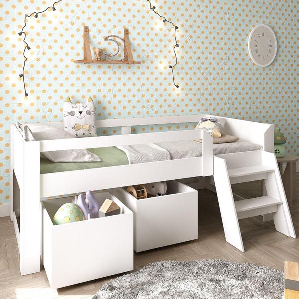 Imagem de Cama Infantil com Escada e 2 Baús Serena Yescasa Branco Perfect Wood