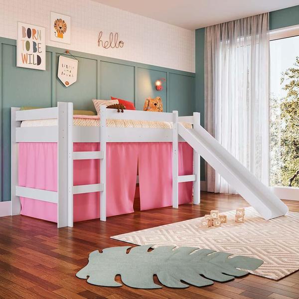 Imagem de Cama Infantil Com Escorregador Branco E Cortina Rosa Kogu