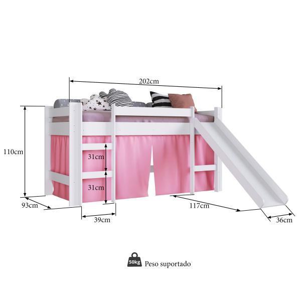 Imagem de Cama Infantil com Escorregador e Cabaninha Bb1000 Branco/Rosa - Completa Móveis