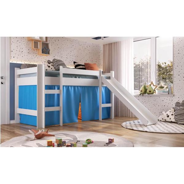 Imagem de Cama Infantil com Escorregador e Cortina - Branco/Azul