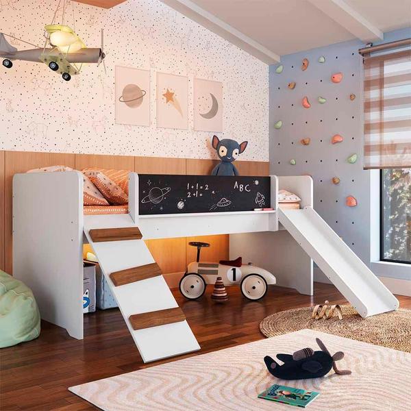 Cama Infantil com Escorregador e Lousa Branco - Alice Shop JM - COMPLETA MOVEIS Imagem de Cama Infantil com Escorregador e Lousa Branco - Alice Shop JM