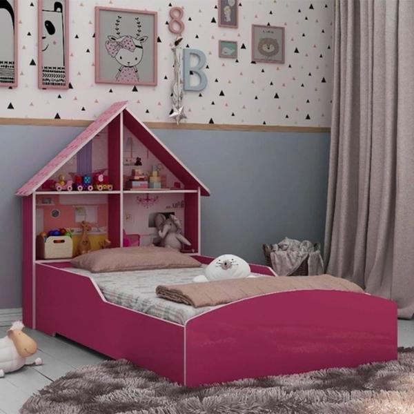 Imagem de Cama Infantil com proteção lateral e cabeceira Casinha Pink - Gelius 