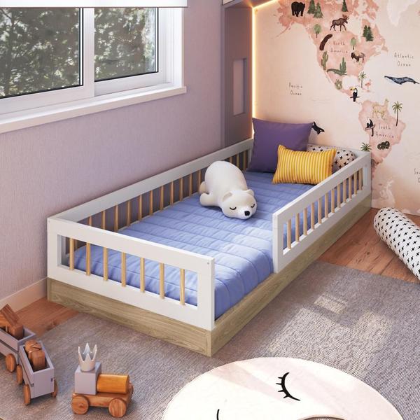 Imagem de Cama Infantil de Chão Montessoriana com Colchão Menino Menina Solteiro 195cm com Grade Proteção Aveiro com Branco