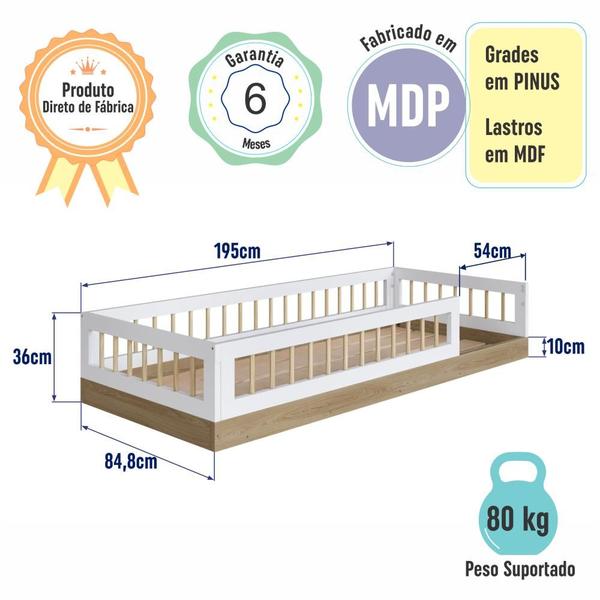 Imagem de Cama Infantil de Chão Montessoriana com Colchão Menino Menina Solteiro 195cm com Grade Proteção Aveiro com Branco