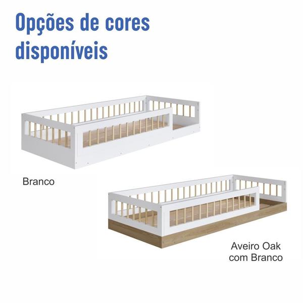 Imagem de Cama Infantil de Chão Montessoriana Menino Menina Solteiro 195cm com Grade Proteção Aveiro com Branco