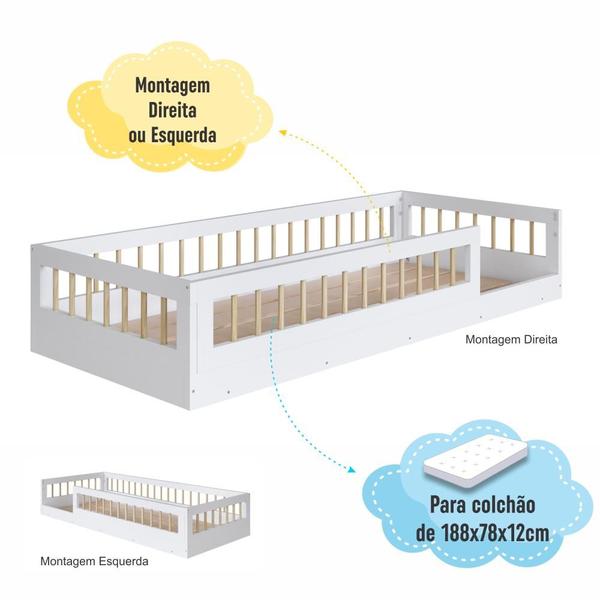 Imagem de Cama Infantil de Chão Montessoriana Menino Menina Solteiro 195cm com Grade Proteção Branca