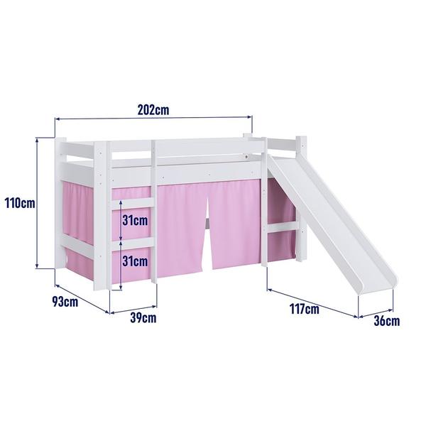 Imagem de Cama Infantil Elevada C/ Escorregador Cortina Rosa - Branco