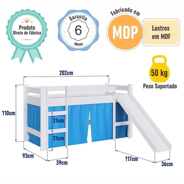 Imagem de Cama Infantil Elevada com Colchão Menino Menina Solteiro 202cm com Degrau e Escorregador Branca com Cortina Azul