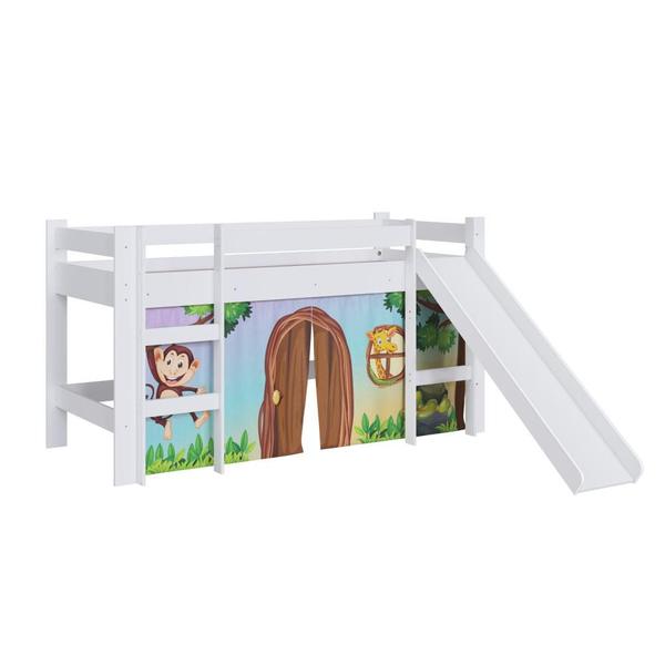 Imagem de Cama Infantil Elevada com Colchão Menino Menina Solteiro 202cm com Degrau e Escorregador Branca com Estampada Zoo