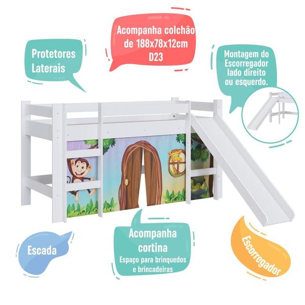 Imagem de Cama Infantil Elevada com Colchão Menino Menina Solteiro 202cm com Degrau e Escorregador Branca com Estampada Zoo