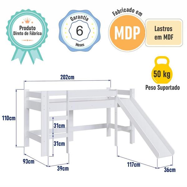 Imagem de Cama Infantil Elevada com Colchão Menino Menina Solteiro 202cm com Degrau e Escorregador Branca sem Cortina