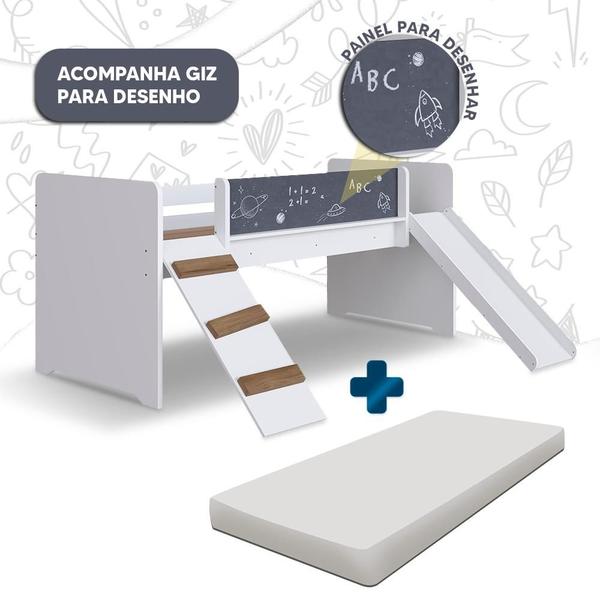 Cama Infantil Elevada Com Colchão Solteiro Escorregador E Lousa Branco Alice Shop JM Imagem de Cama Infantil Elevada Com Colchão Solteiro Escorregador E Lousa Branco Alice Shop JM