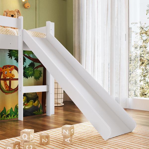 Imagem de Cama Infantil Elevada com Escorregador Branco com Cortina Estampada Zoo