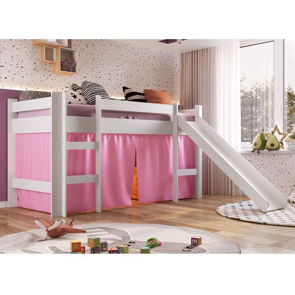 Imagem de Cama Infantil Elevada com Escorregador Cortina Rosa Playground