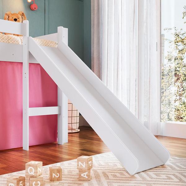 Imagem de Cama Infantil Elevada com Escorregador e Cortina Completa Móveis Branco/Rosa