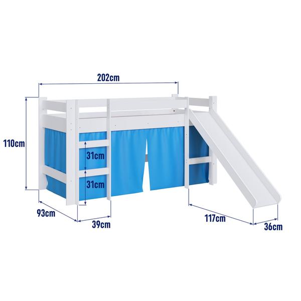 Imagem de Cama Infantil Elevada com Escorregador e Cortina