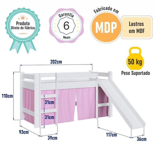 Imagem de Cama Infantil Elevada Menino Menina Solteiro 202cm com Degrau e Escorregador Branca com Cortina Rosa