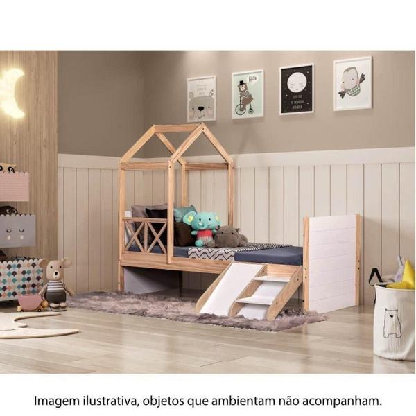 Imagem de Cama Infantil Garden com Telhado Single e Kit Escadinha Natural/Branco - Casatema