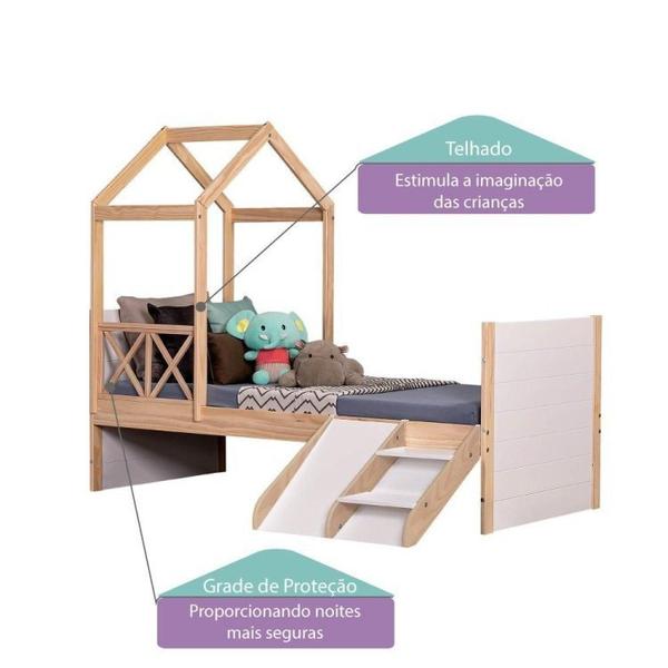 Imagem de Cama Infantil Garden com Telhado Single e Kit Escadinha Natural/Branco - Casatema