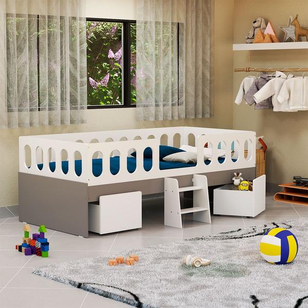 Imagem de Cama Infantil Lara Solteiro Com Nichos E Escadinha Branco E Cinza - Baby Mobília