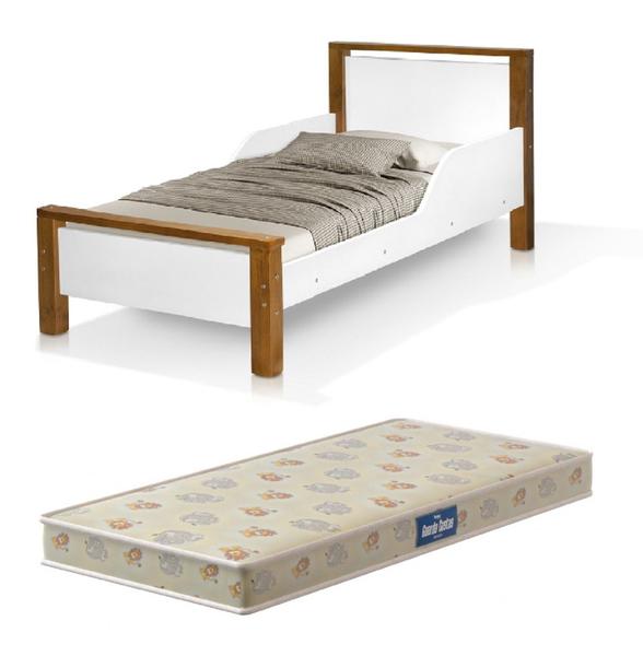 Imagem de cama infantil meli com proteção lateral branco marrom com colchão