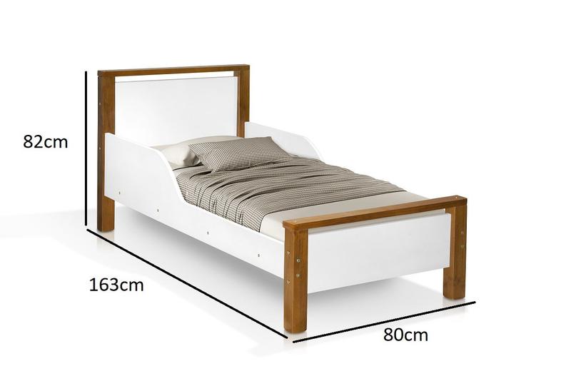 Imagem de cama infantil meli com proteção lateral mdf pé de madeira alto para quarto mini cama branca detalhes amendoa