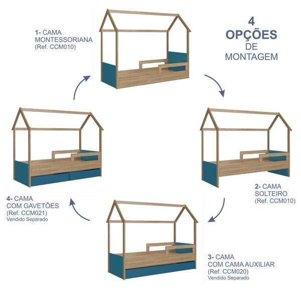 Imagem de Cama Infantil Montessoriana Bicama Casinha Solteiro Menino Menina com Proteção Lateral e Cama Auxiliar Aveiro com Azul