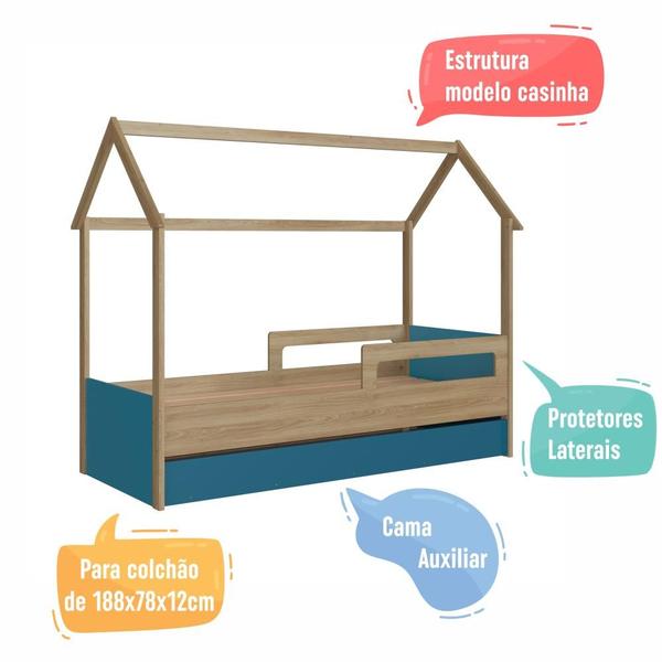 Imagem de Cama Infantil Montessoriana Bicama Casinha Solteiro Menino Menina com Proteção Lateral e Cama Auxiliar Aveiro com Azul