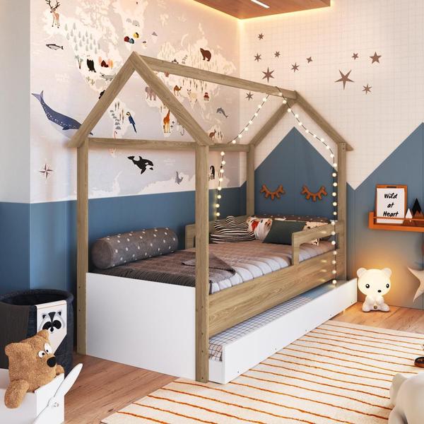 Imagem de Cama Infantil Montessoriana Bicama Casinha Solteiro Menino Menina com Proteção Lateral e Cama Auxiliar Aveiro com Branco