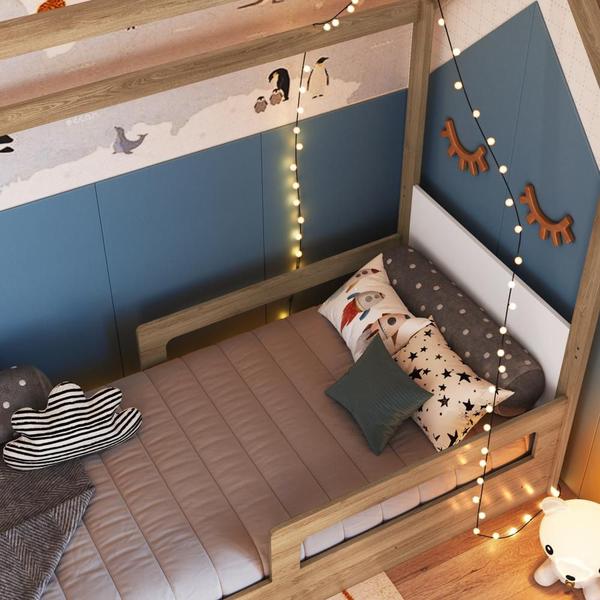 Imagem de Cama Infantil Montessoriana Bicama Casinha Solteiro Menino Menina com Proteção Lateral e Cama Auxiliar Aveiro com Branco