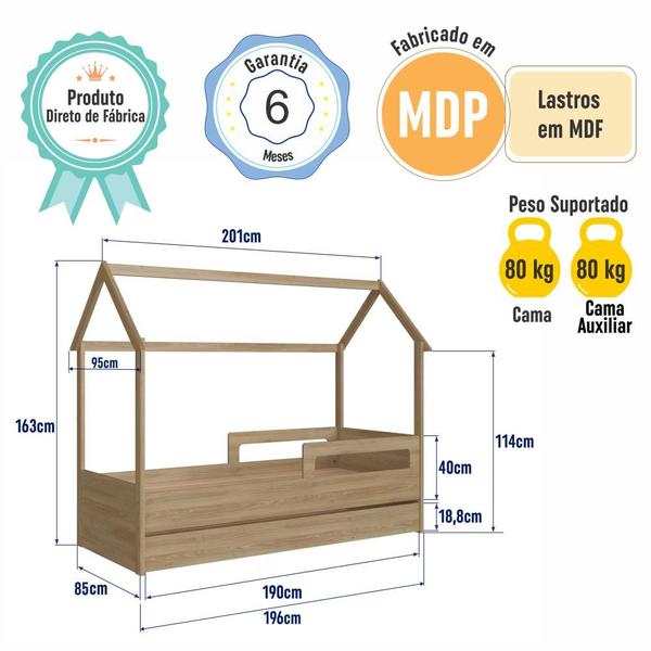 Imagem de Cama Infantil Montessoriana Bicama Casinha Solteiro Menino Menina com Proteção Lateral e Cama Auxiliar Aveiro