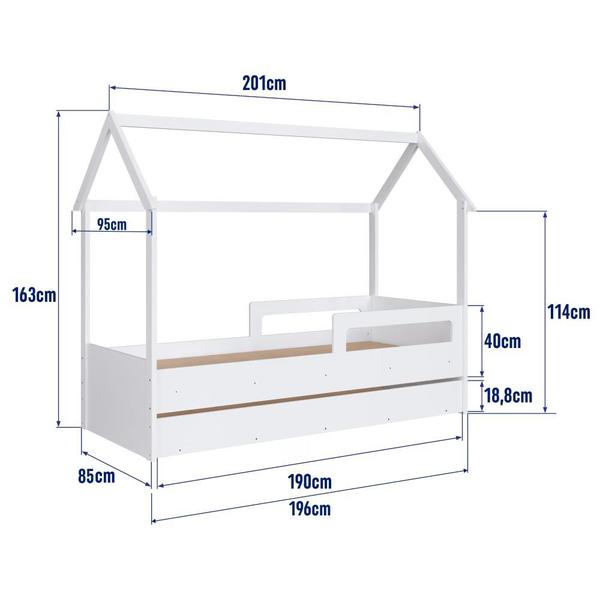 Imagem de Cama Infantil Montessoriana Bicama Casinha Solteiro Menino Menina com Proteção Lateral e Cama Auxiliar Branca