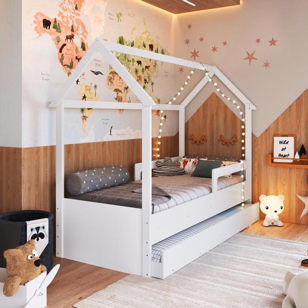 Imagem de Cama Infantil Montessoriana Bicama Casinha Solteiro Menino Menina com Proteção Lateral e Cama Auxiliar Branca