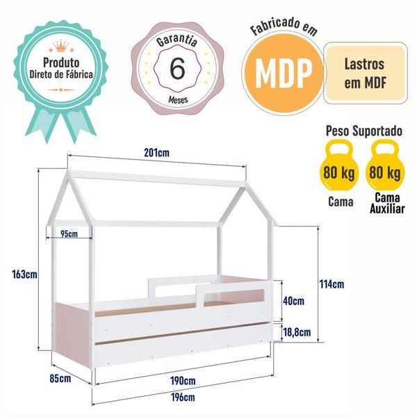 Imagem de Cama Infantil Montessoriana Bicama Casinha Solteiro Menino Menina com Proteção Lateral e Cama Auxiliar Branco com Rosa